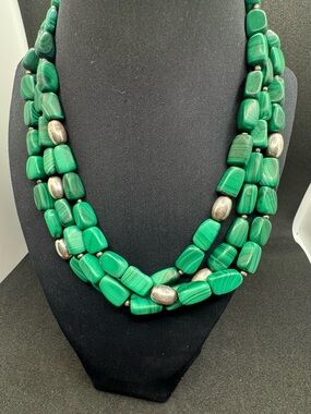 Triple-Strand Green Stone Necklace with Silver Accents